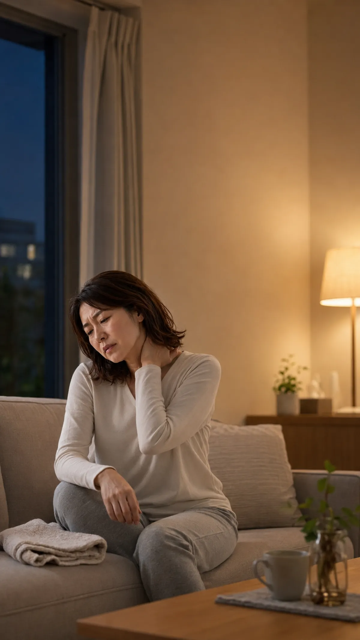 くつろいでいる時間も、肩の重さが取れずに首に手を当てている女性（イメージ画像）